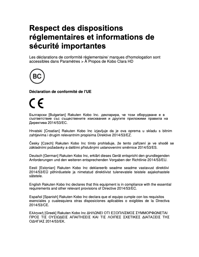 Page 1 de la notice Instructions de sécurité Kobo Clara HD