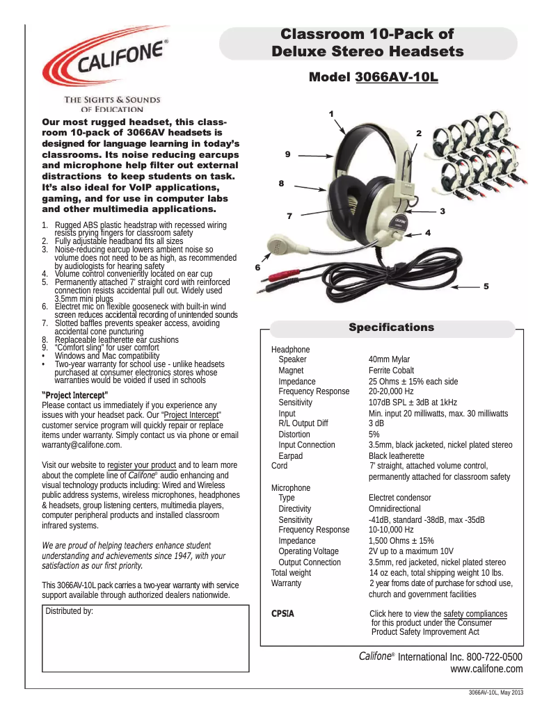 Page 1 de la notice Manuel utilisateur Califone 3066AV-10L
