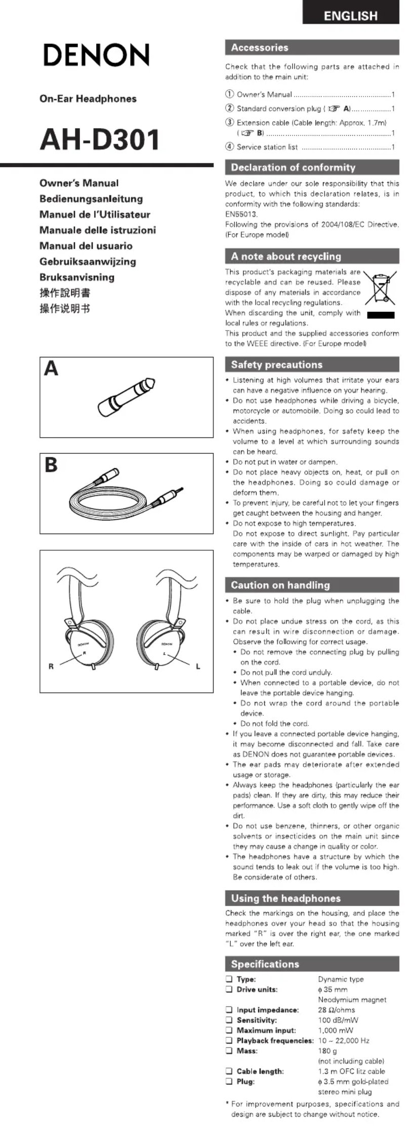 Page 1 de la notice Manuel utilisateur Denon AH-D301