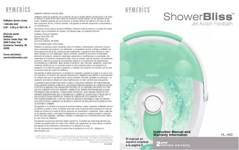 Page n°1 - Manuel utilisateur Homedics ShowerBliss HL-400