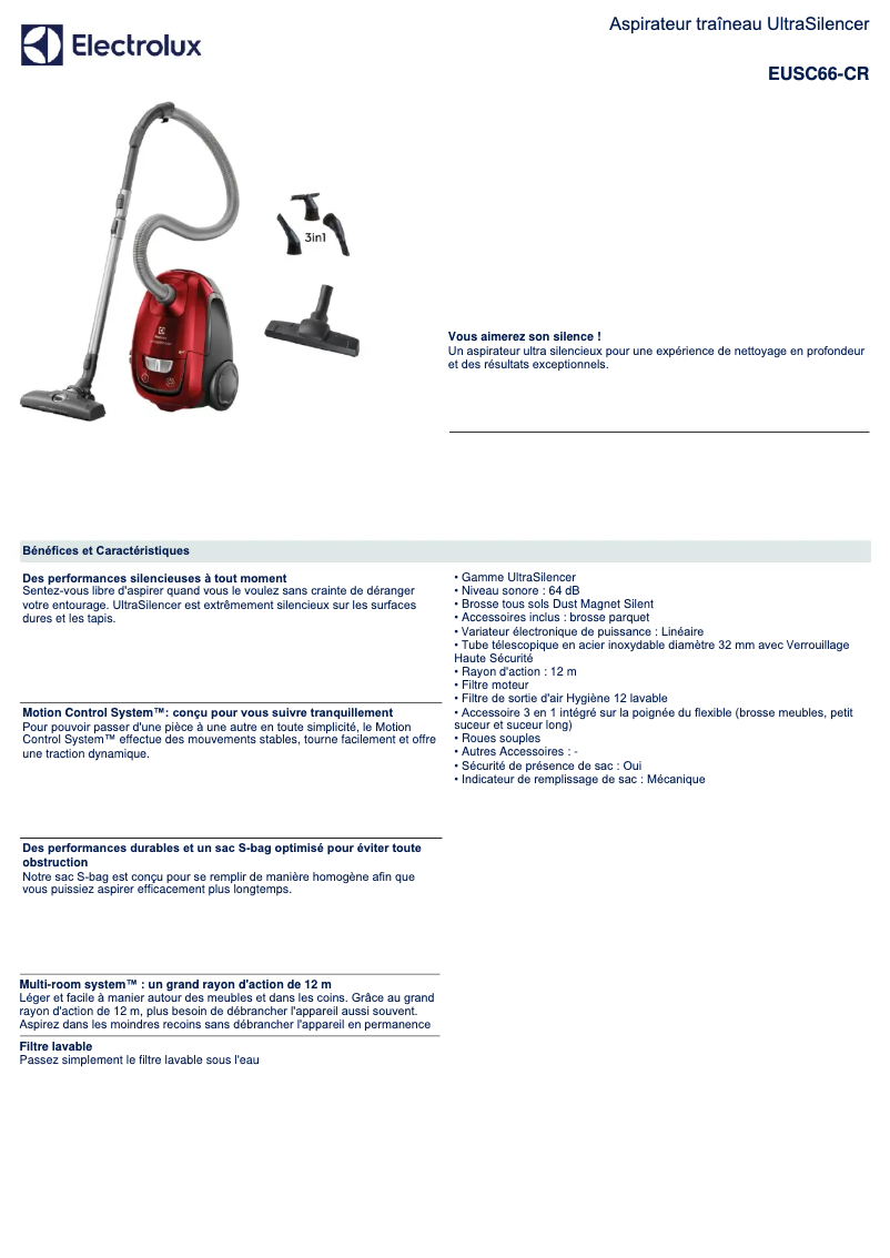 Page 1 de la notice Manuel utilisateur Electrolux Ultra Silencer EUSC66-CR