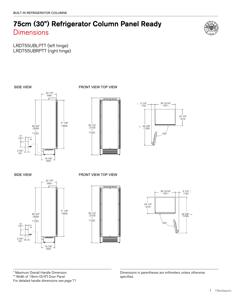 Page n°1 - Instructions / montage Bertazzoni LRD755UBRPTT