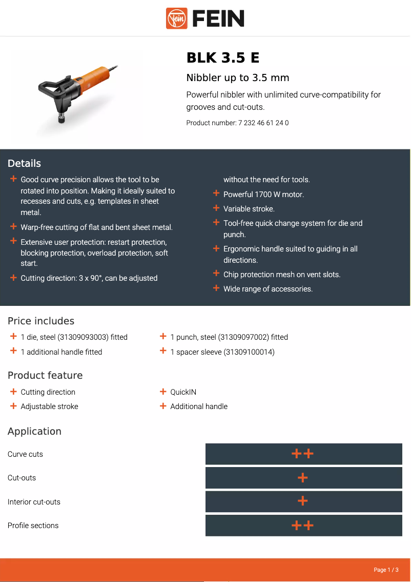 Page 1 de la notice Fiche technique Fein BLK 3.5 E