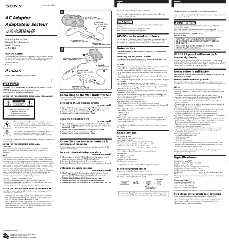 Image de la première page du manuel de l'appareil AC-LS5K