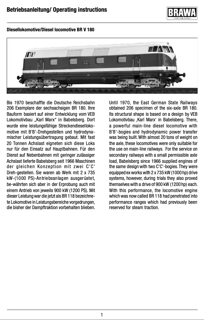 Page n°1 - Manuel utilisateur Brawa 61189 BR V 180