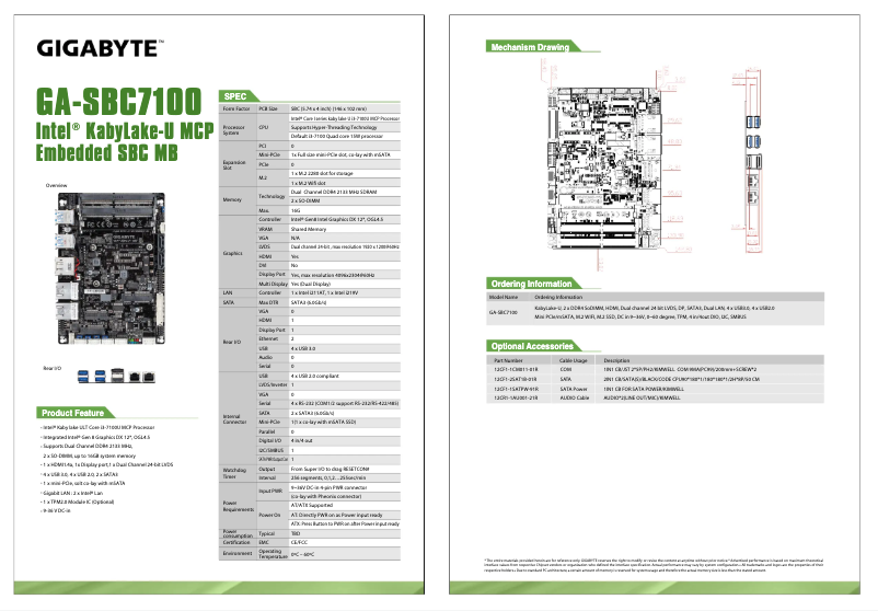 Page 1 de la notice Fiche technique Gigabyte GA-SBC7100
