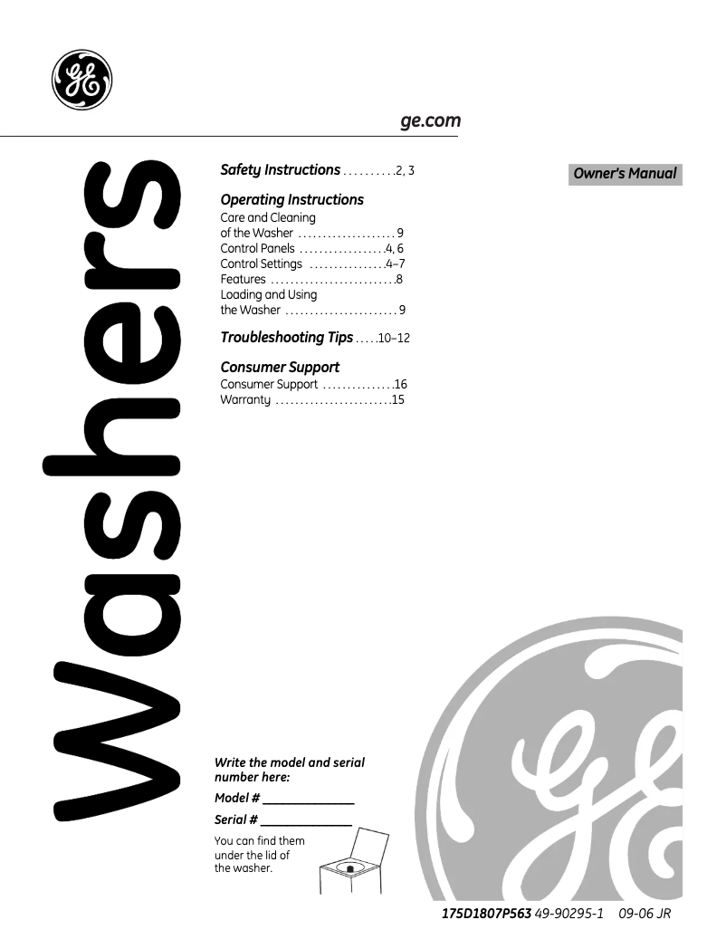 Page n°1 - Manuel d'utilisation et d'entretien GE WNRE6280DWW
