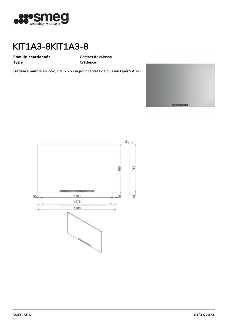Page n°1 - Fiche technique Smeg KIT1A3-8