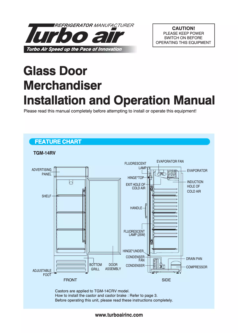 Page 1 de la notice Manuel d'utilisation et d'entretien Turbo air TGM-14RV
