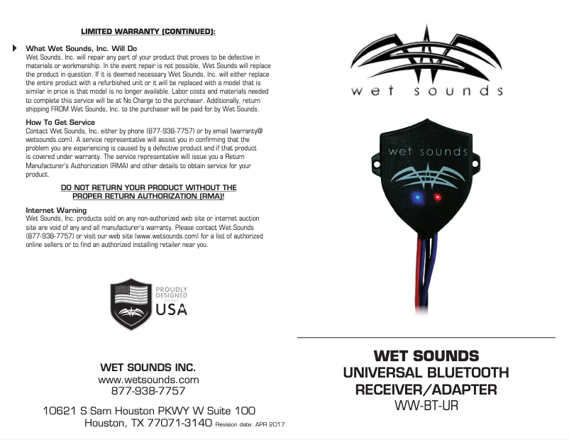 Page 1 de la notice Mode d'emploi Wet Sounds WW-BT-UR