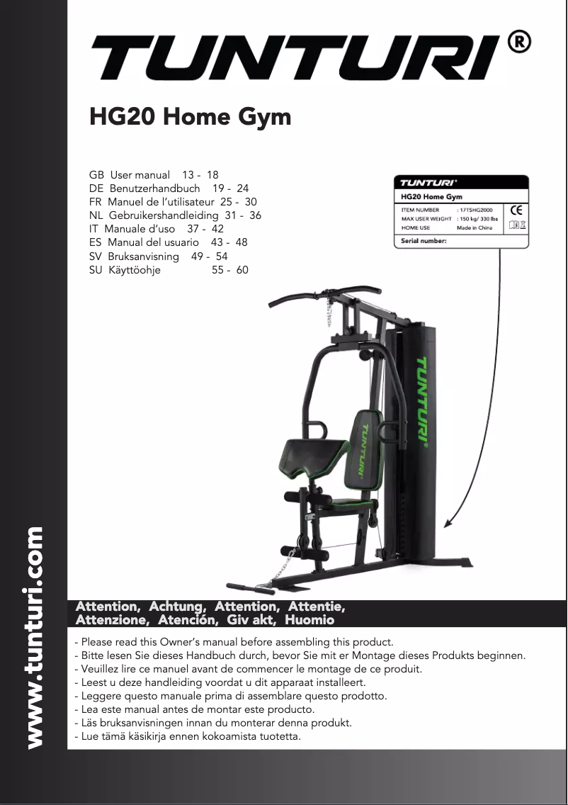 Page n°1 - Manuel utilisateur Tunturi Home Gym HG20