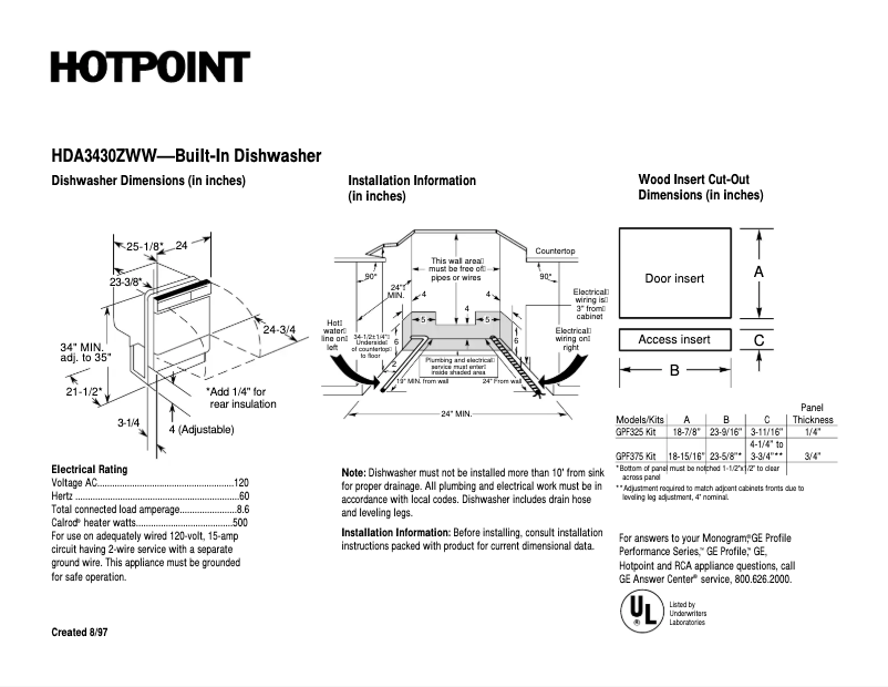 Page 1 de la notice Fiche technique Hotpoint HDA3430ZWW
