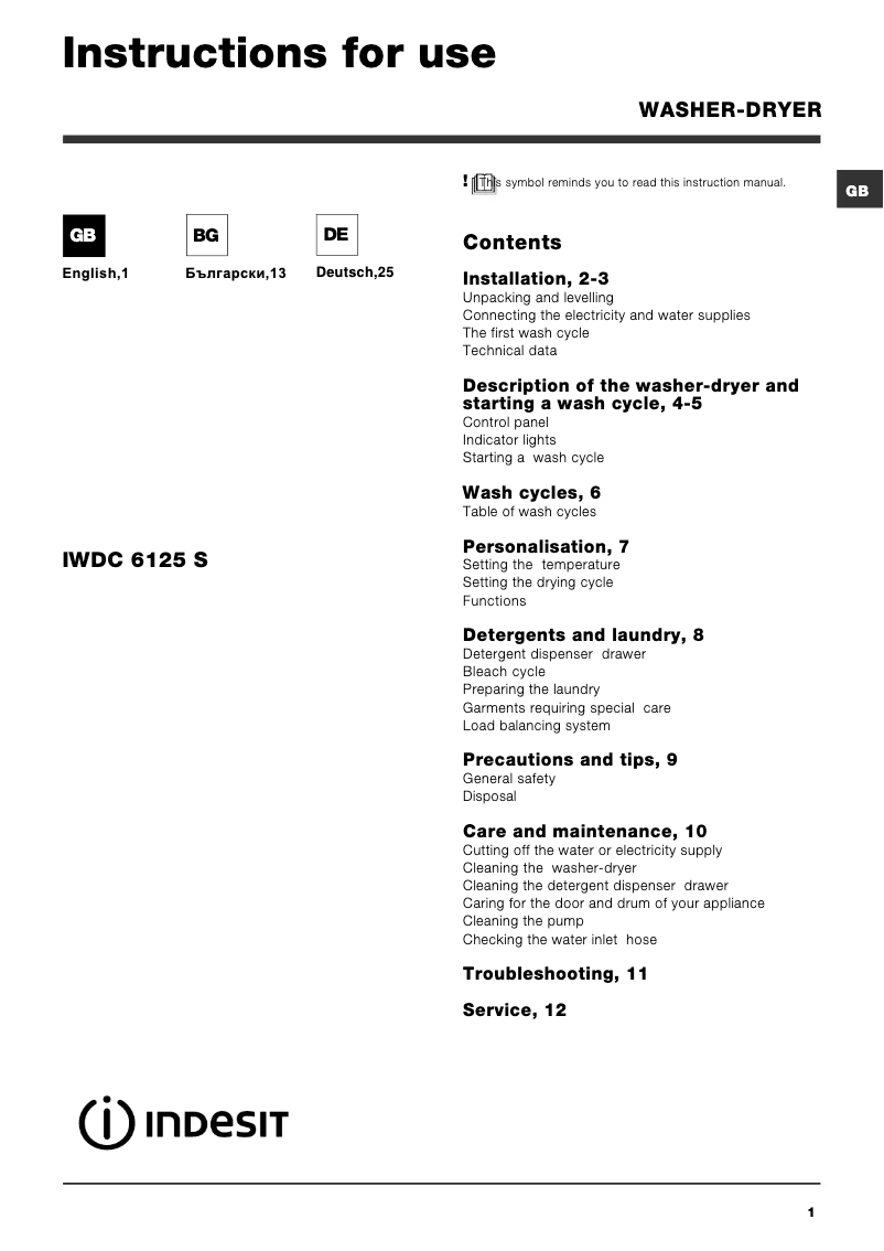 Page n°1 - Manuel utilisateur Indesit IWDC 6125 S (EU)