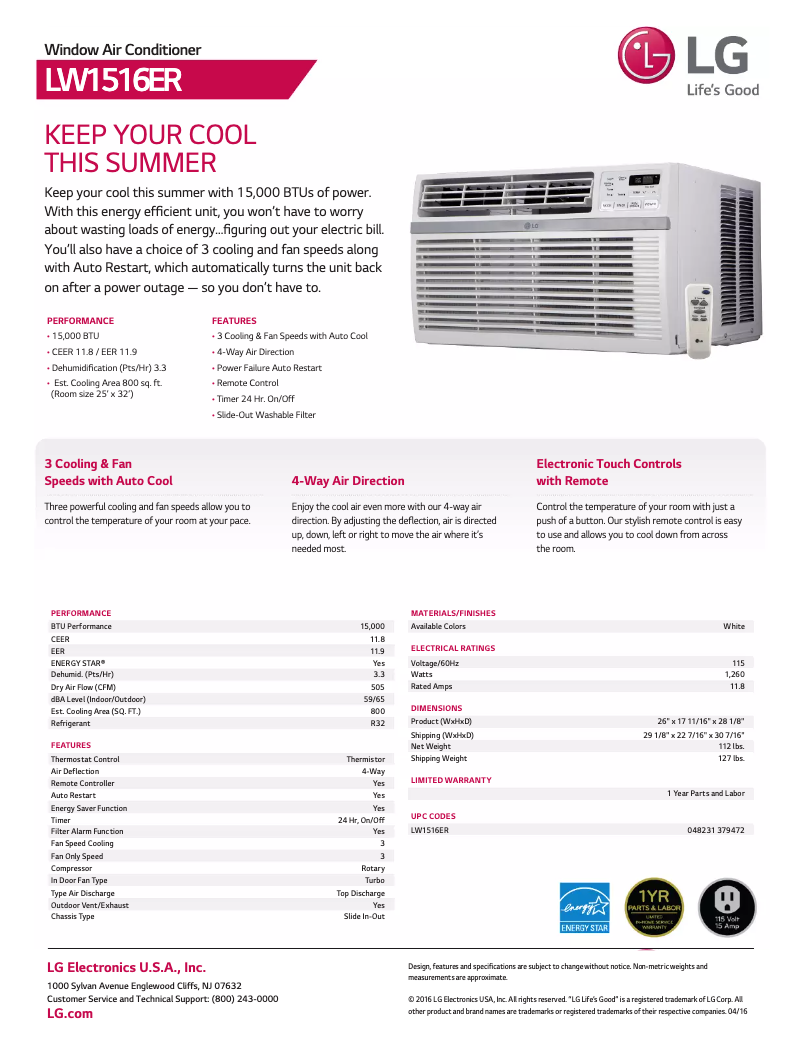 Page 1 de la notice Fiche technique LG LW1516ER