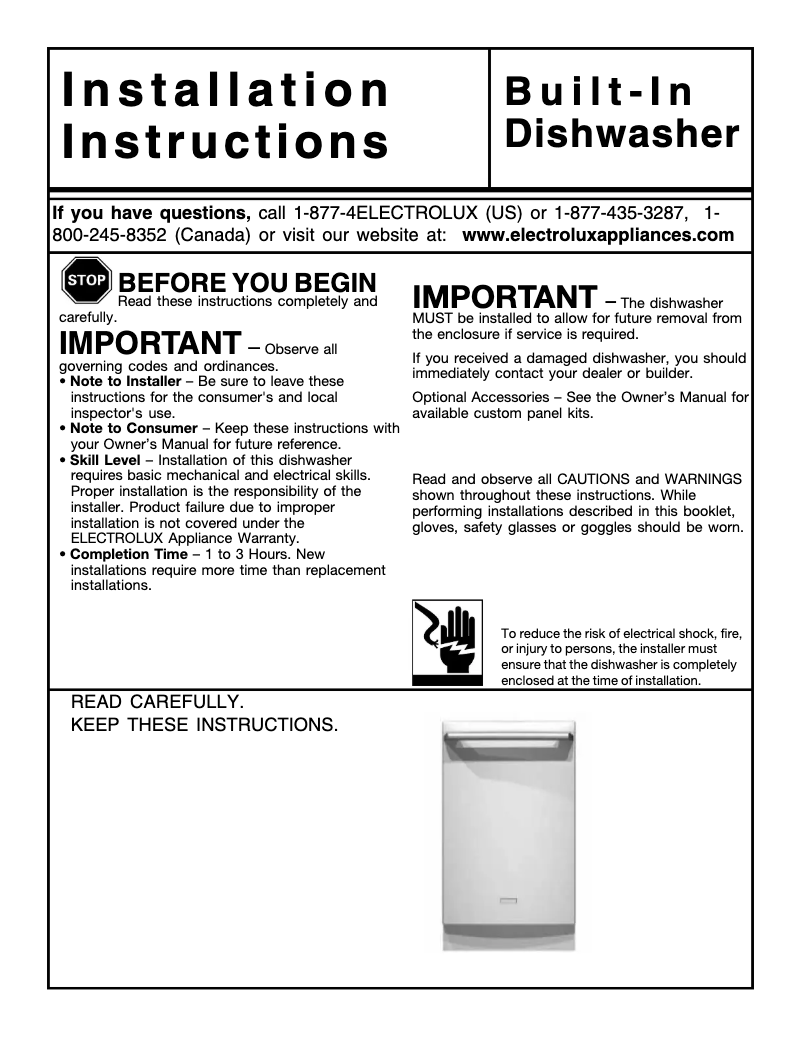Page 1 de la notice Guide d'installation Electrolux EIDW1805KS