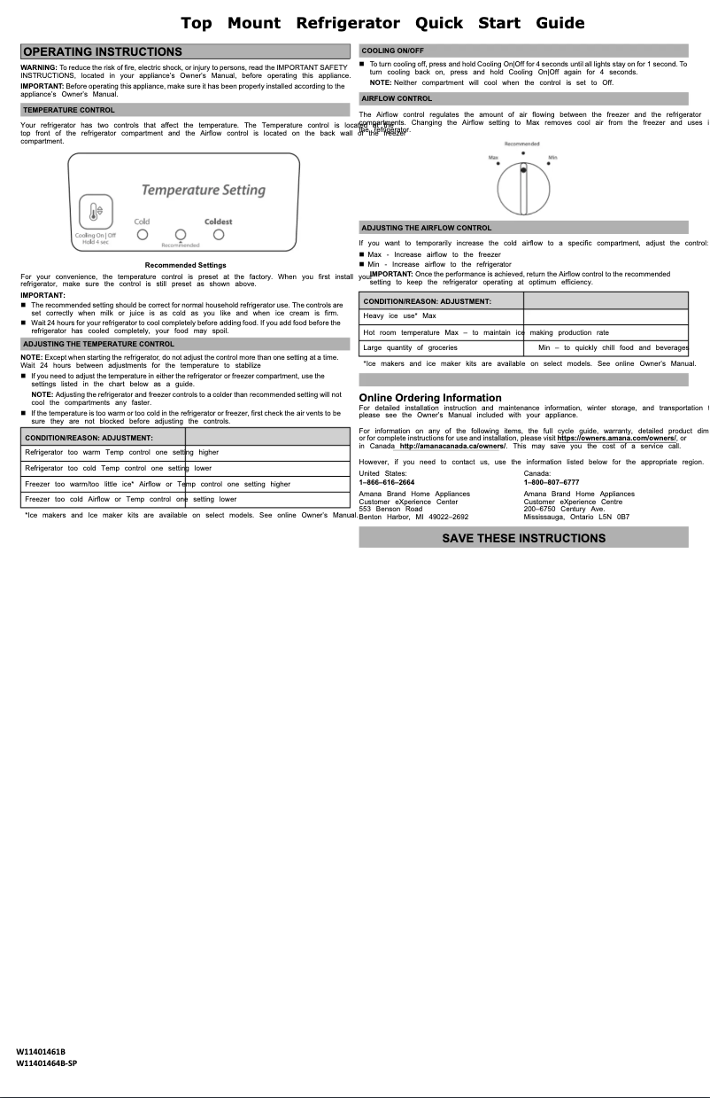 Página 1 del manual Guía de inicio rápido Amana ART318FFDW