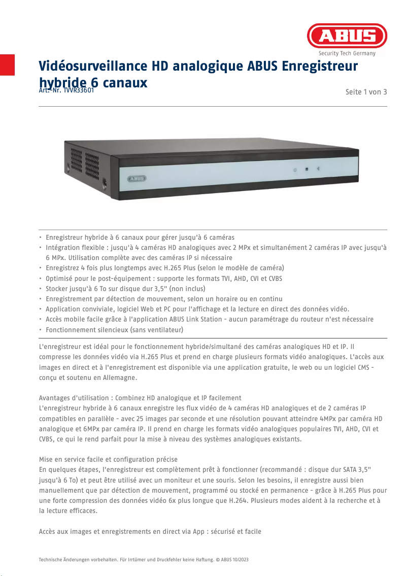 Page n°1 - Fiche technique Abus TVVR33601