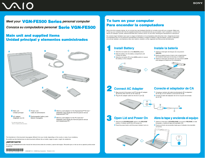 Page n°1 - Guide d'installation Sony Vaio VGN-FE550G