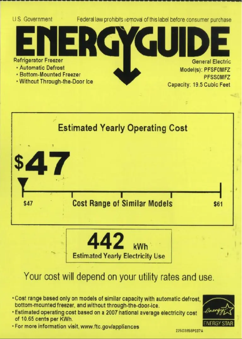 Page 1 of the manual Energy Label GE PFSF0MFZWW