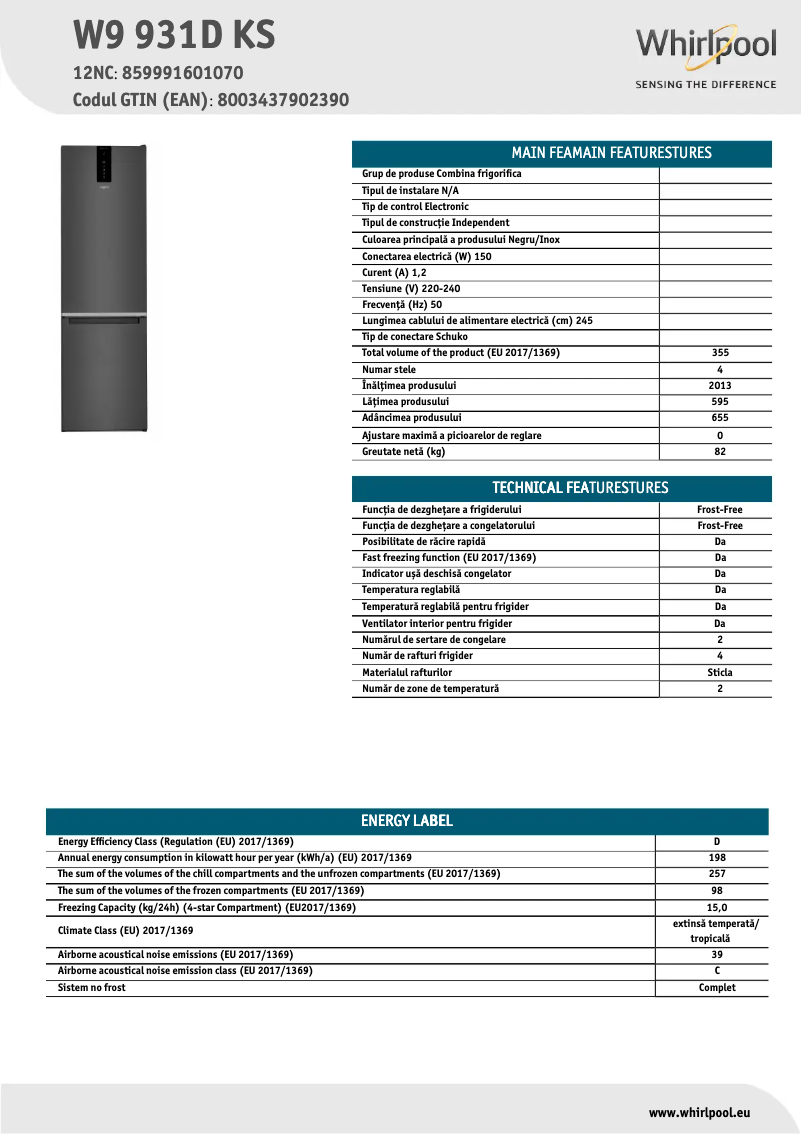 Page 1 de la notice Fiche technique Whirlpool W9 931D KS