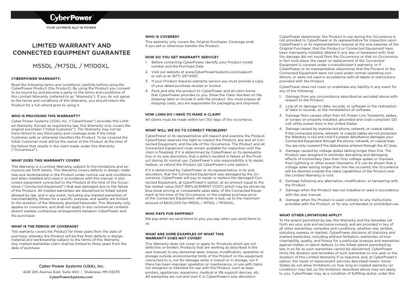 Page 1 de la notice Informations de garantie CyberPower M1100XL