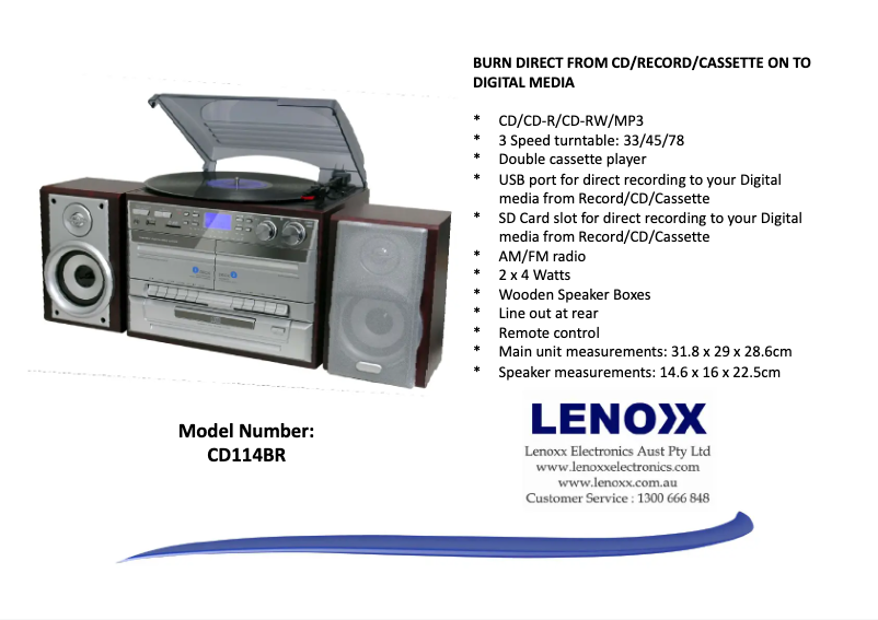 Page n°1 - Fiche technique Lenoxx CD114BR