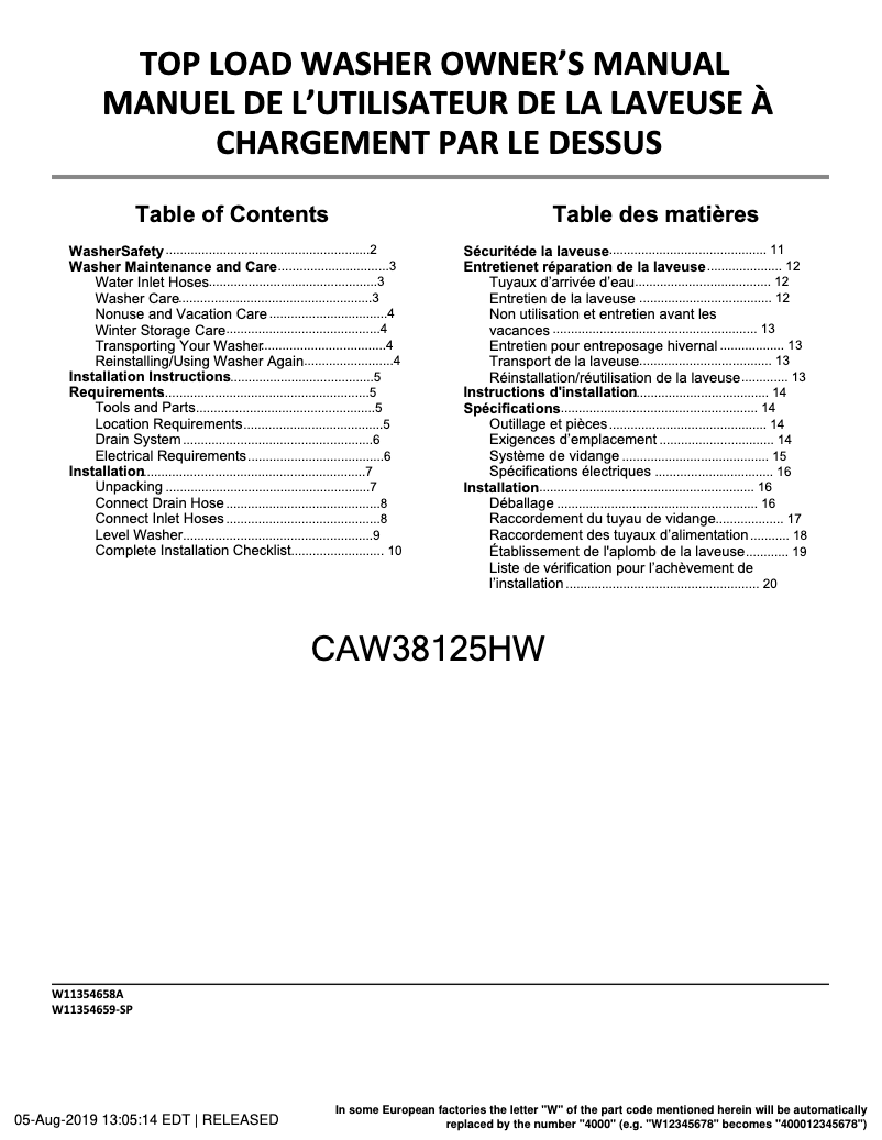 Page 1 de la notice Manuel utilisateur Crosley CAW38125HW