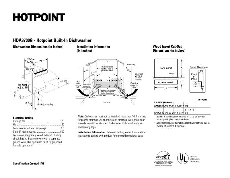 Page 1 de la notice Fiche technique Hotpoint HDA3700GCC