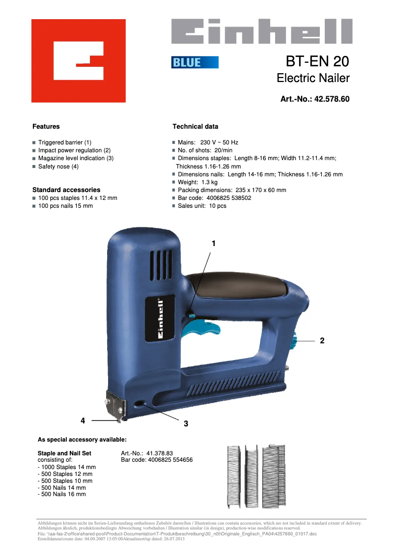 Page 1 de la notice Manuel utilisateur Einhell BT-EN 20