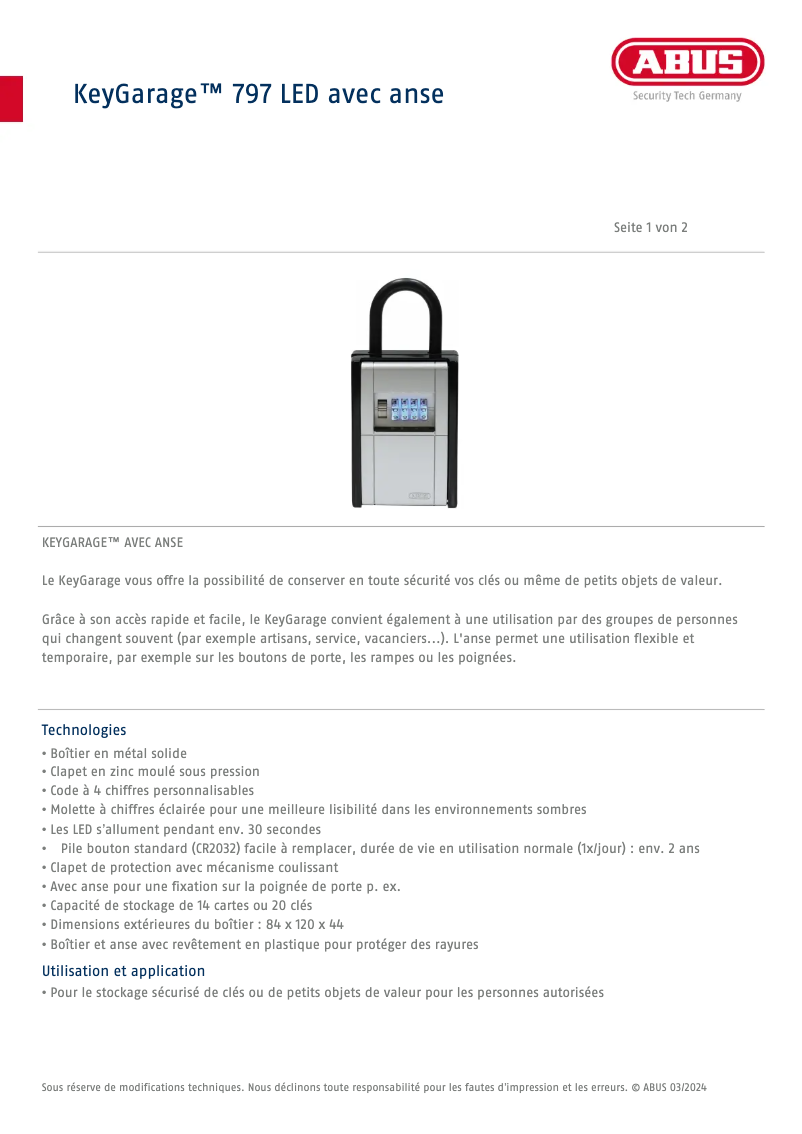 Page n°1 - Fiche technique Abus KeyGarage 797 LED