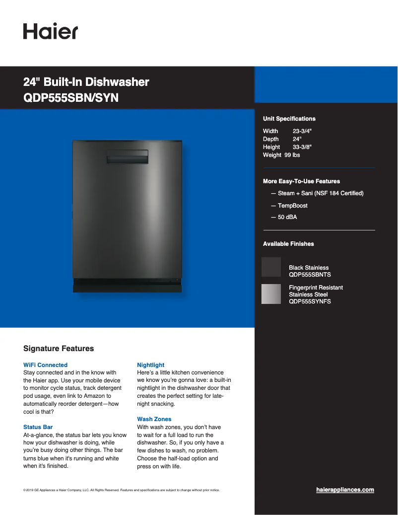 Page 1 de la notice Fiche technique Haier QDP555SYNFS