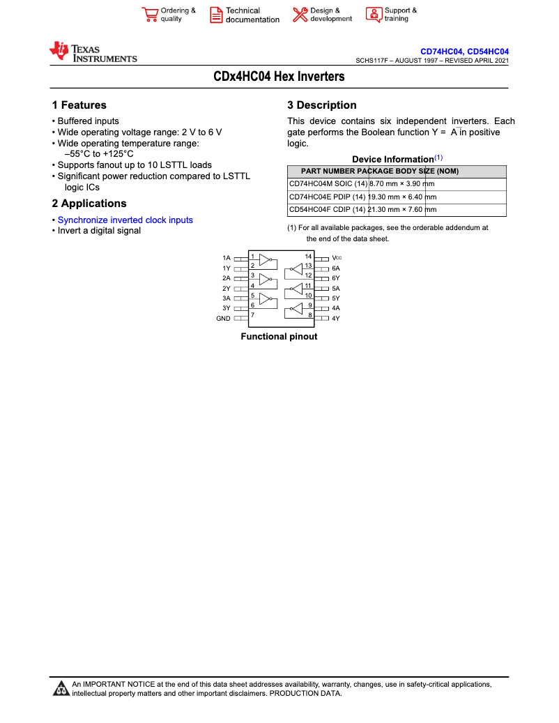 Page 1 de la notice Manuel utilisateur Texas Instruments CD74HC04M