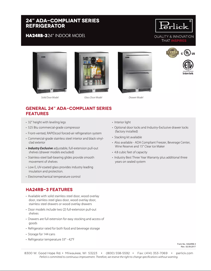 Page 1 de la notice Fiche technique Perlick HA24RB-3