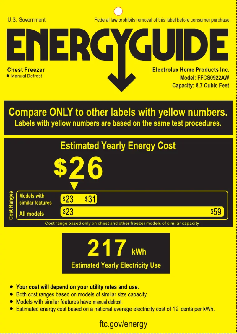 Page n°1 - Label énergétique Frigidaire FFCS0922AW