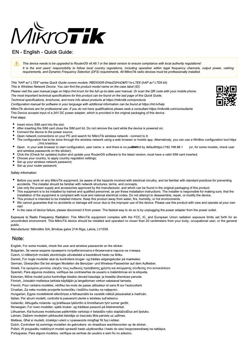Page 1 de la notice Manuel utilisateur Mikrotik hAP ac3 LTE6 kit