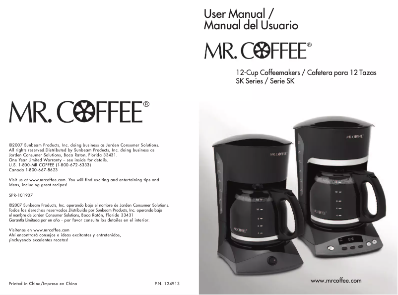 Page n°1 - Manuel utilisateur Mr. Coffee SK12