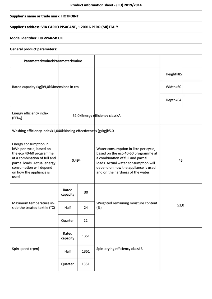 Page 1 de la notice Fiche technique Hotpoint H8 W946SB UK