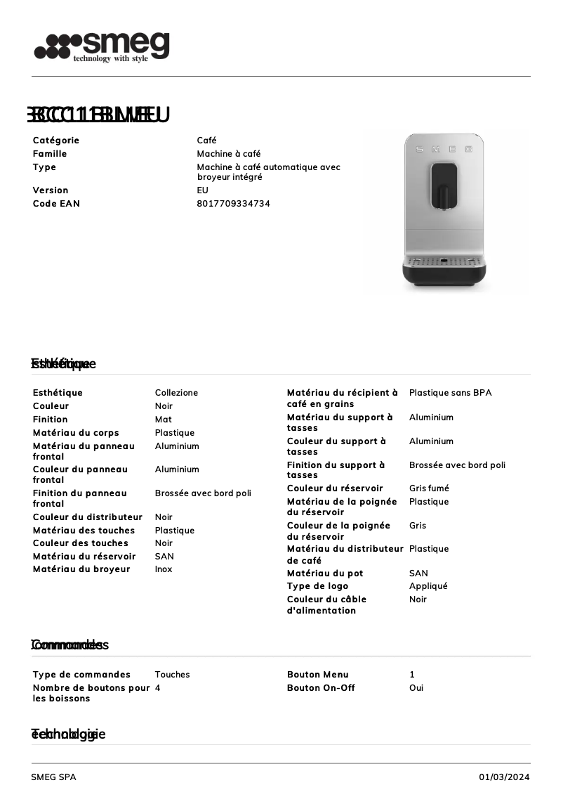 Página 1 del manual Ficha técnica Smeg BCC11