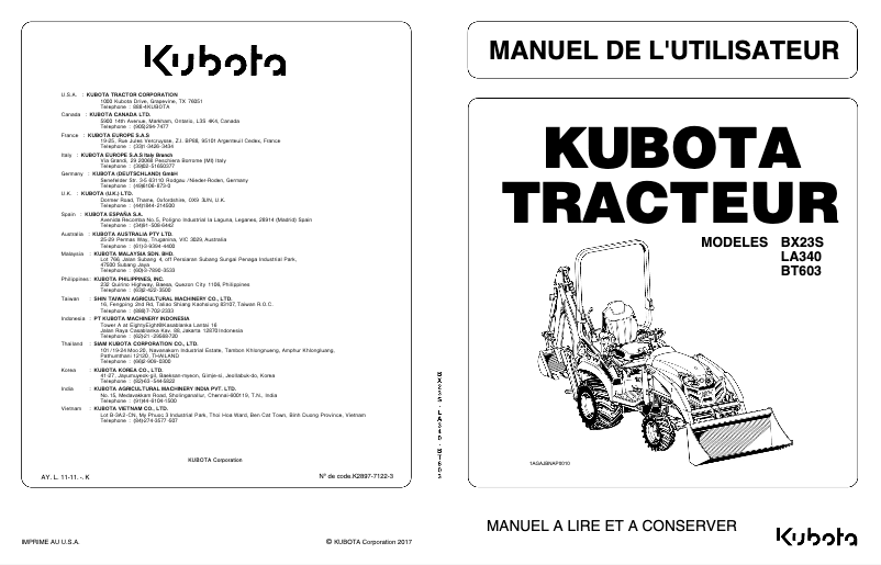 Page 1 de la notice Manuel utilisateur Kubota BX2380