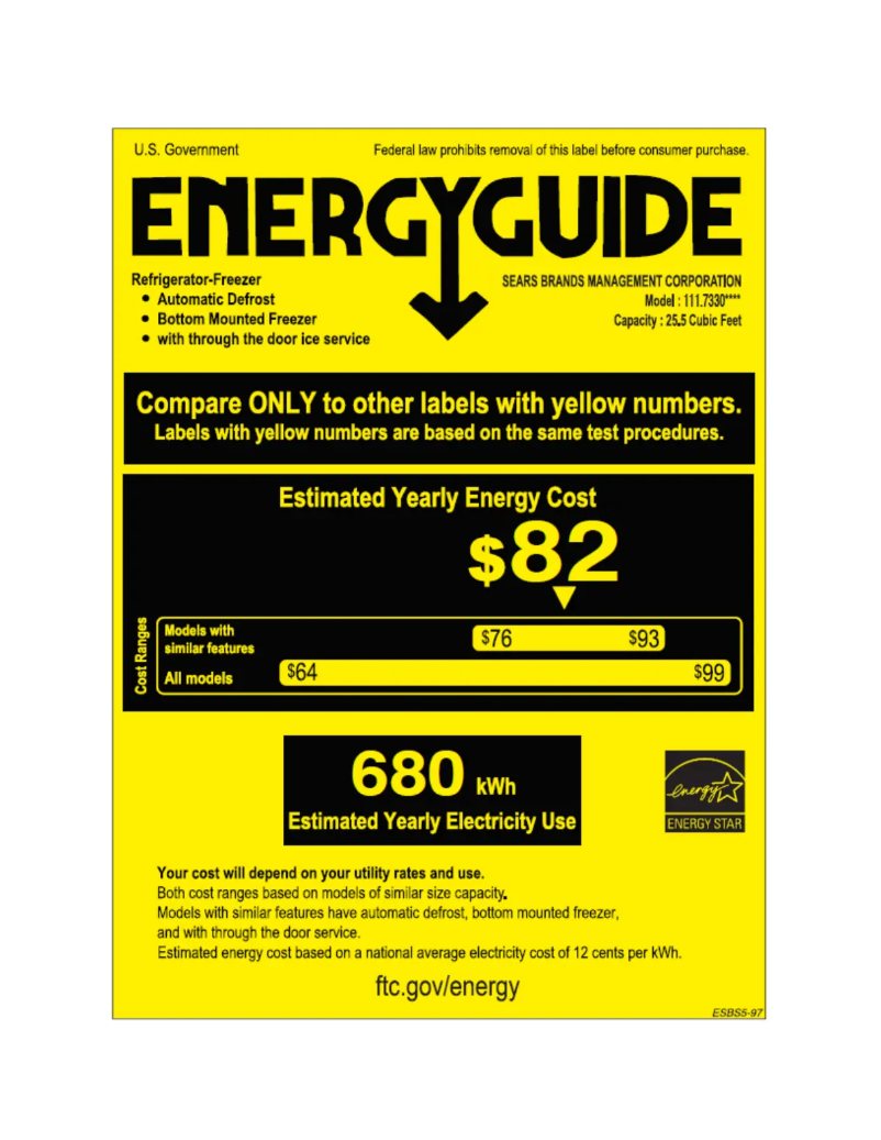 Page 1 de la notice Label énergétique Kenmore 73309