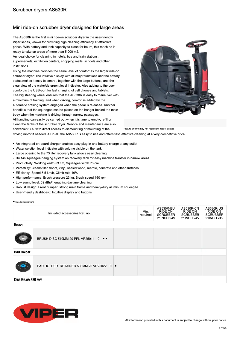 Page 1 de la notice Fiche technique Nilfisk Viper AS530R