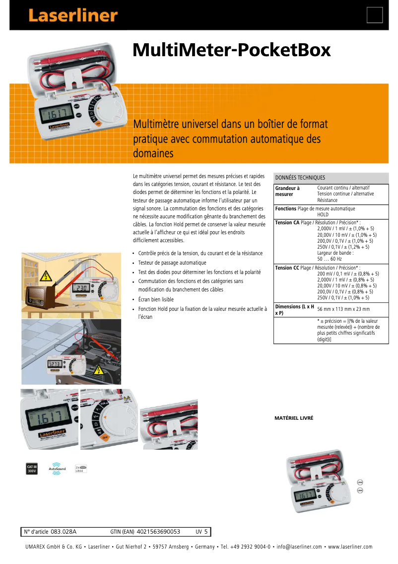 Page 1 de la notice Fiche technique Laserliner MultiMeter-PocketBox