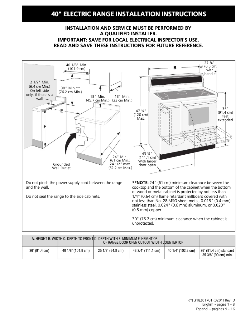 Page n°1 - Guide d'installation Frigidaire PLEF489CC