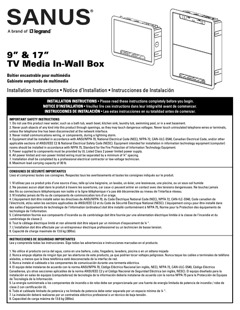 Page 1 de la notice Manuel utilisateur Sanus SA-IWB9-W1