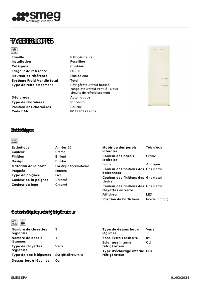 Page 1 de la notice Fiche technique Smeg FAB38LCR5