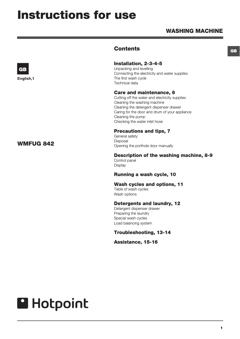 Page n°1 - Manuel utilisateur Hotpoint WMFUG 842K UK