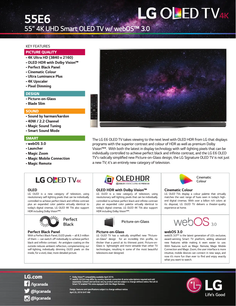 Page 1 de la notice Fiche technique LG OLED55E6P