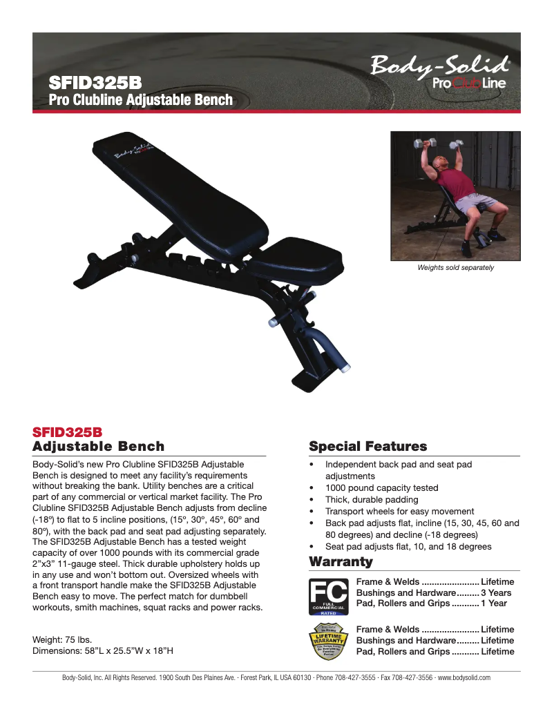 Page 1 of the manual Technical Sheet Body-Solid SFID325B