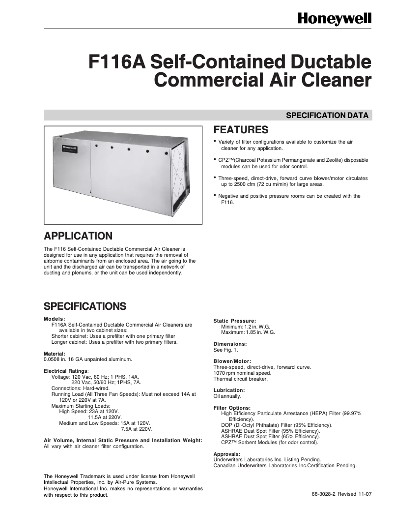 Page 1 de la notice Fiche technique Honeywell F116A1047