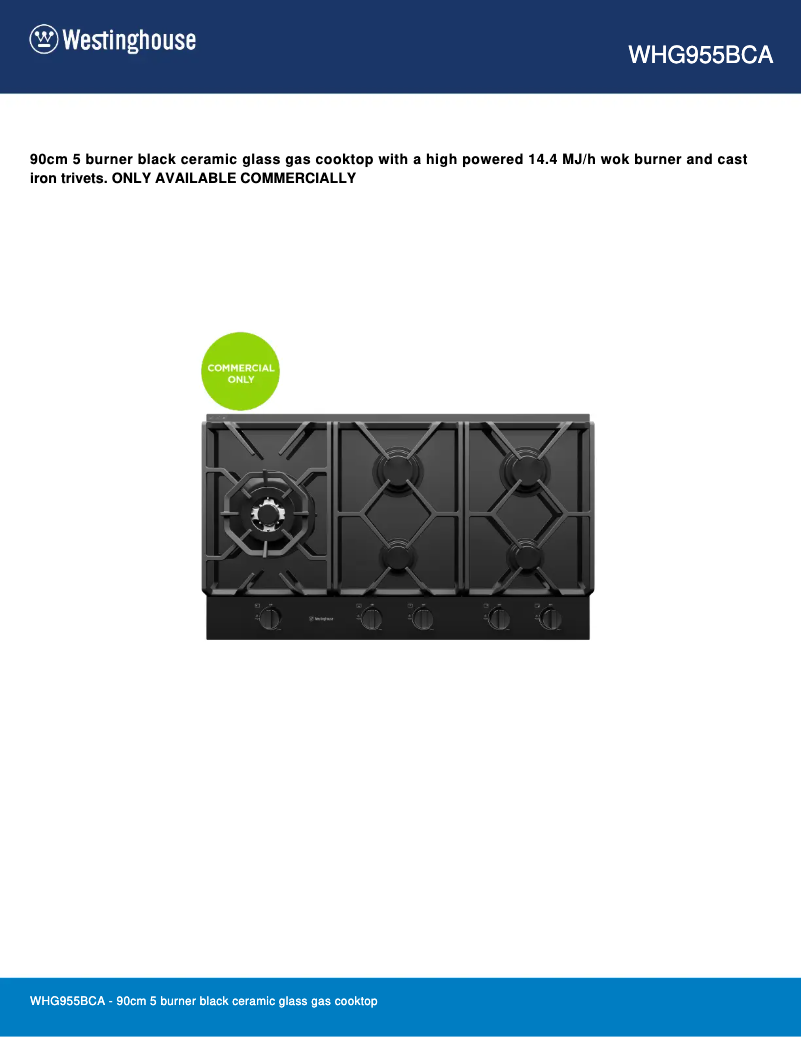 Page 1 de la notice Fiche technique Westinghouse WHG955BCA